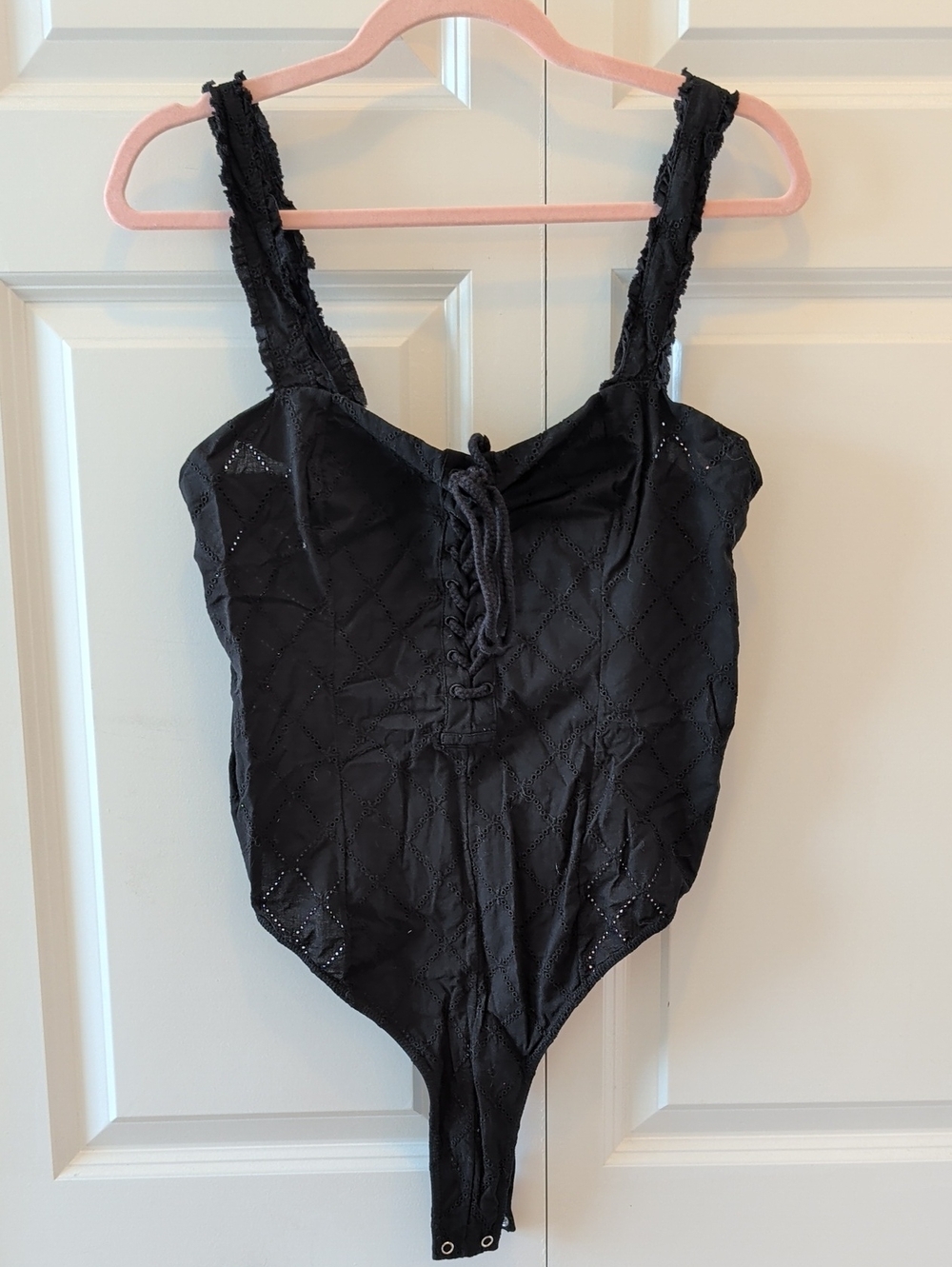 Free People Black Lace-Up Eyelet One-Piece Bodysuit